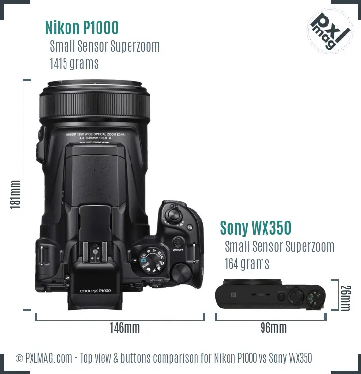 Nikon P1000 vs Sony WX350 top view buttons comparison Nikon P1000 vs Sony WX350 top view buttons comparison