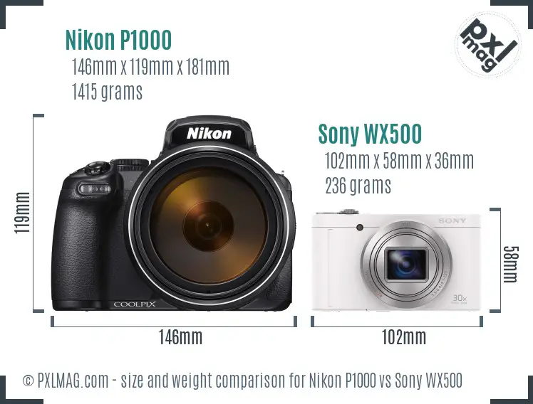 Nikon P1000 vs Sony WX500 size comparison