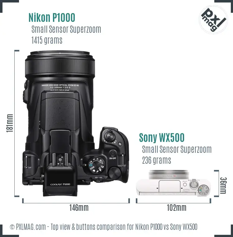 Nikon P1000 vs Sony WX500 top view buttons comparison