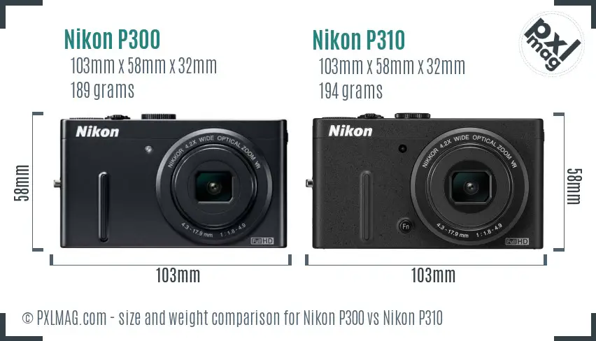 Nikon P300 vs Nikon P310 size comparison