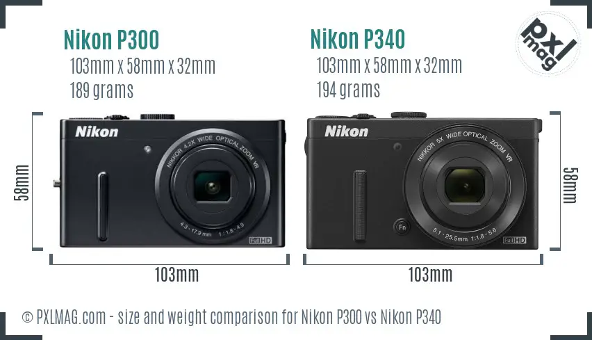 Nikon P300 vs Nikon P340 size comparison