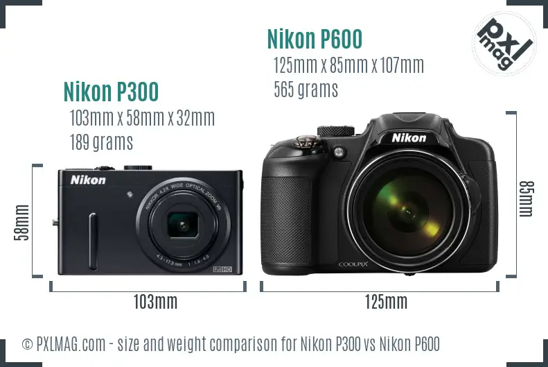 Nikon P300 vs Nikon P600 size comparison