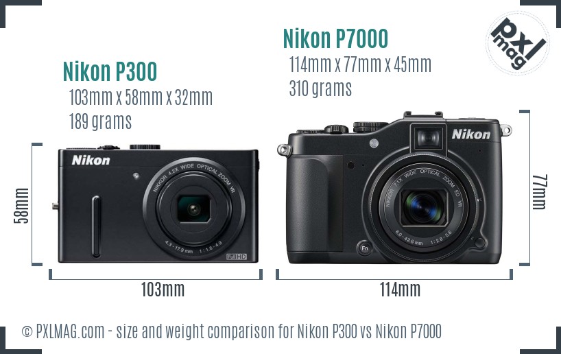 Nikon P300 vs Nikon P7000 size comparison