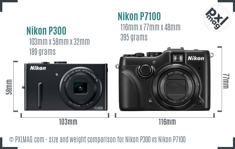Nikon P300 vs Nikon P7100 size comparison
