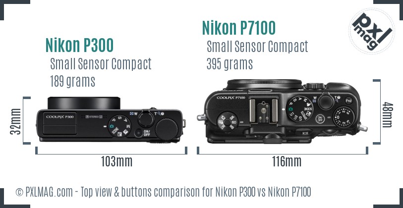 Nikon P300 vs Nikon P7100 top view buttons comparison