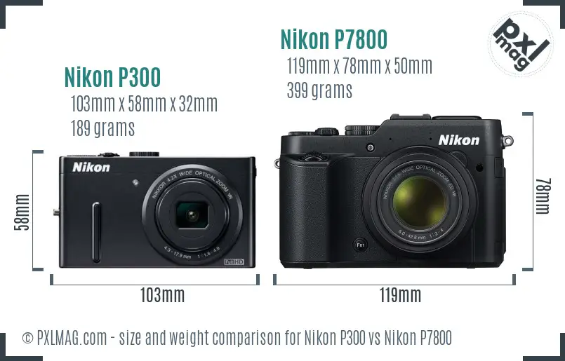 Nikon P300 vs Nikon P7800 size comparison