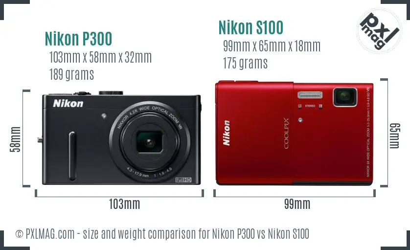 Nikon P300 vs Nikon S100 size comparison