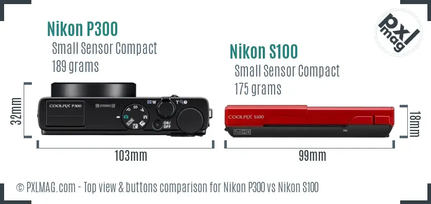 Nikon P300 vs Nikon S100 top view buttons comparison