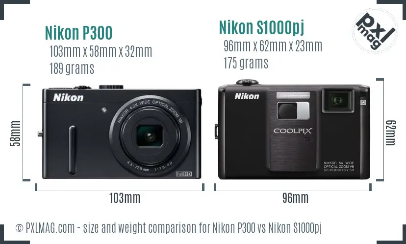 Nikon P300 vs Nikon S1000pj size comparison