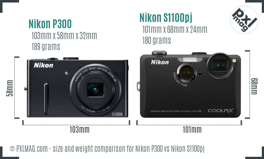 Nikon P300 vs Nikon S1100pj size comparison