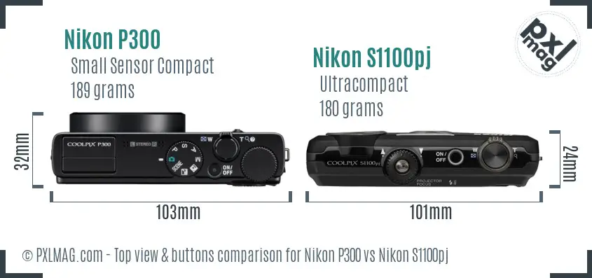 Nikon P300 vs Nikon S1100pj top view buttons comparison