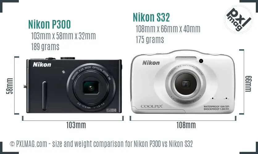 Nikon P300 vs Nikon S32 size comparison