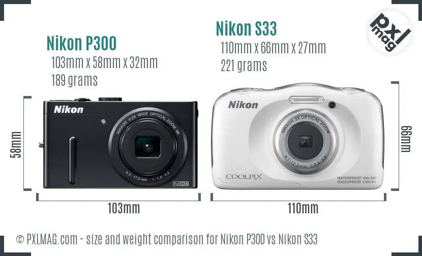 Nikon P300 vs Nikon S33 size comparison