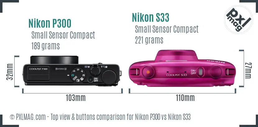 Nikon P300 vs Nikon S33 top view buttons comparison