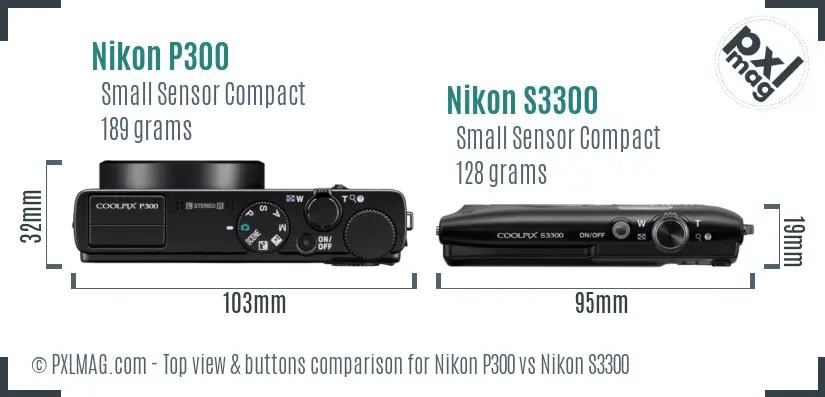 Nikon P300 vs Nikon S3300 top view buttons comparison Nikon P300 vs Nikon S3300 top view buttons comparison