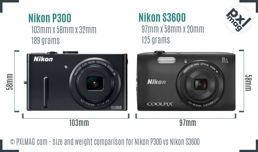 Nikon P300 vs Nikon S3600 size comparison