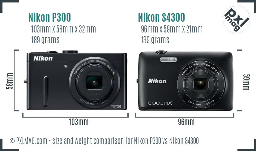 Nikon P300 vs Nikon S4300 size comparison
