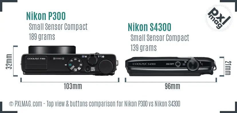 Nikon P300 vs Nikon S4300 top view buttons comparison