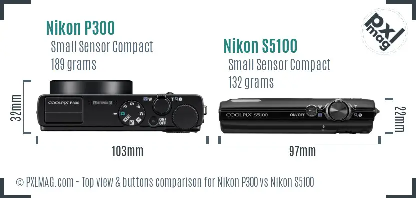 Nikon P300 vs Nikon S5100 top view buttons comparison Nikon P300 vs Nikon S5100 top view buttons comparison
