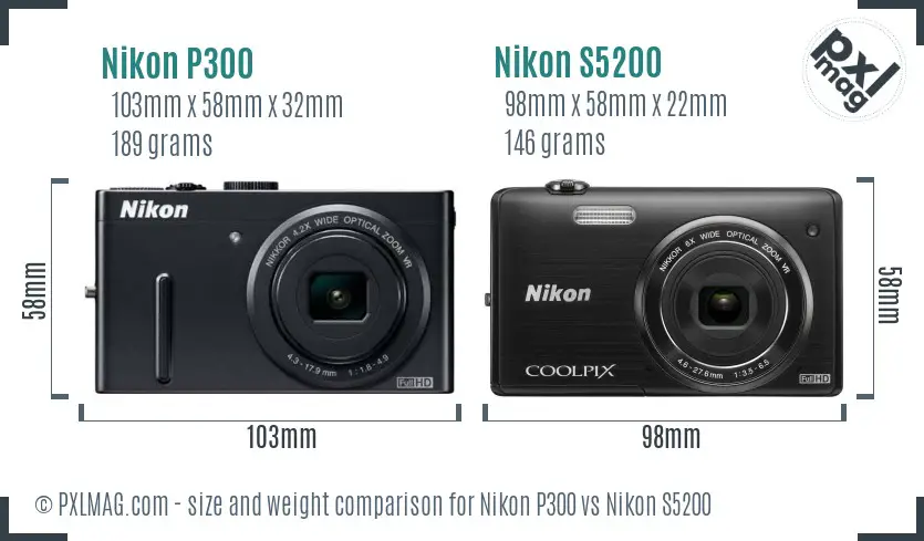 Nikon P300 vs Nikon S5200 size comparison