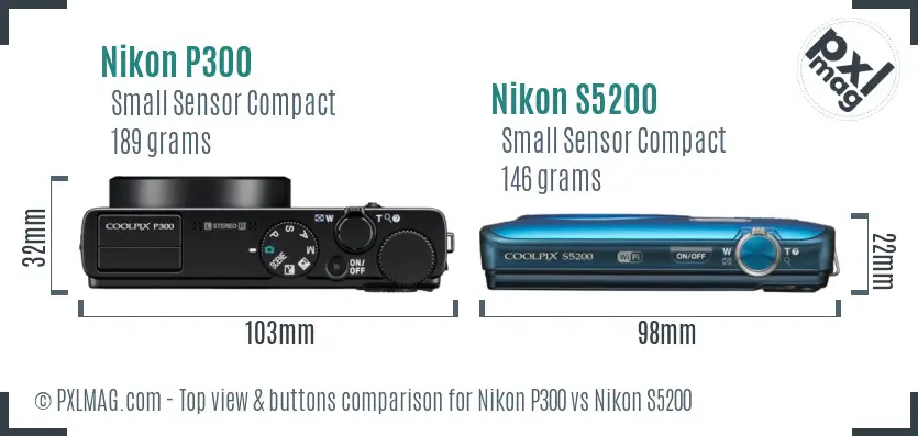 Nikon P300 vs Nikon S5200 top view buttons comparison