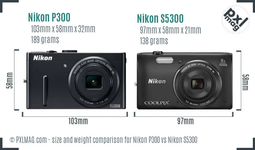 Nikon P300 vs Nikon S5300 size comparison