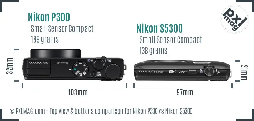 Nikon P300 vs Nikon S5300 top view buttons comparison