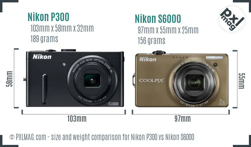 Nikon P300 vs Nikon S6000 size comparison