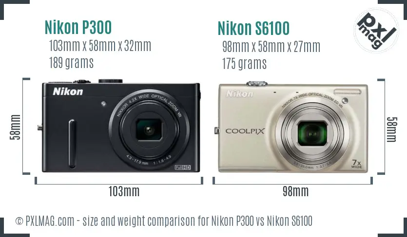 Nikon P300 vs Nikon S6100 size comparison