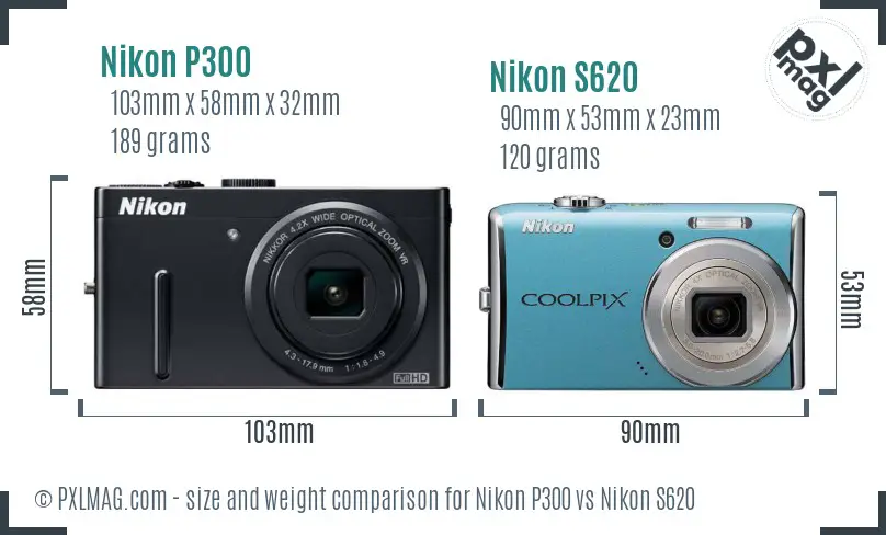 Nikon P300 vs Nikon S620 size comparison