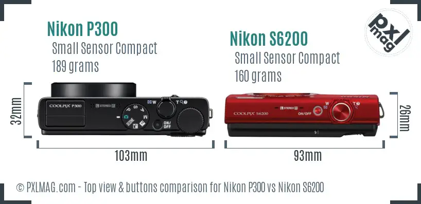 Nikon P300 vs Nikon S6200 top view buttons comparison Nikon P300 vs Nikon S6200 top view buttons comparison