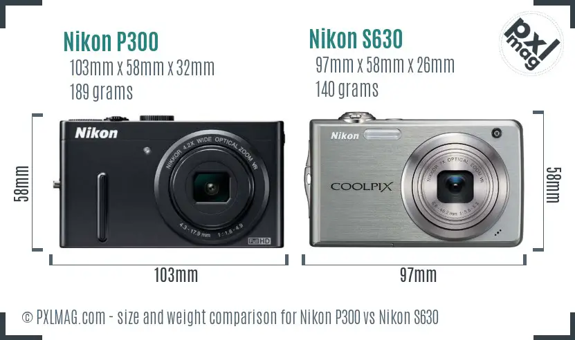Nikon P300 vs Nikon S630 size comparison