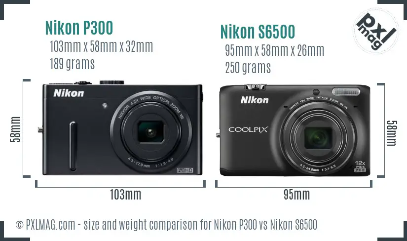 Nikon P300 vs Nikon S6500 size comparison