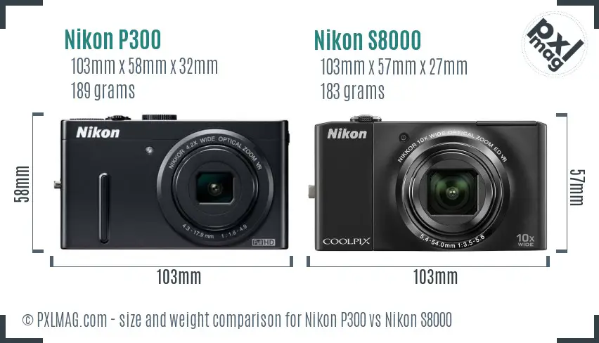 Nikon P300 vs Nikon S8000 size comparison