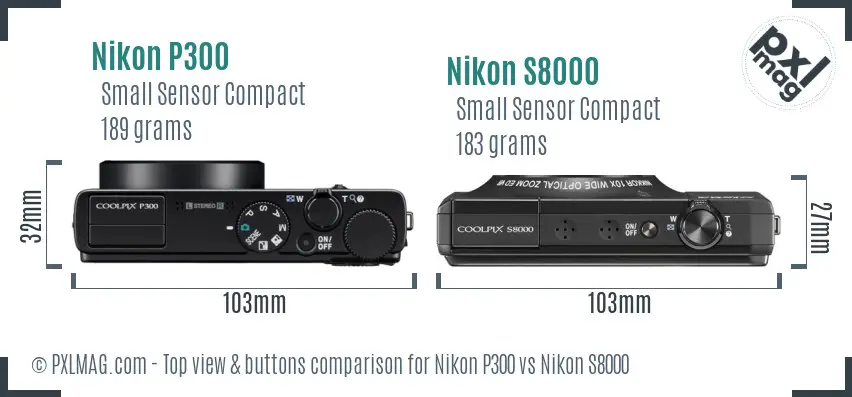 Nikon P300 vs Nikon S8000 top view buttons comparison