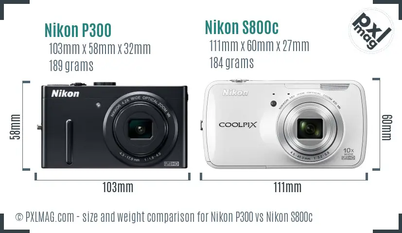 Nikon P300 vs Nikon S800c size comparison