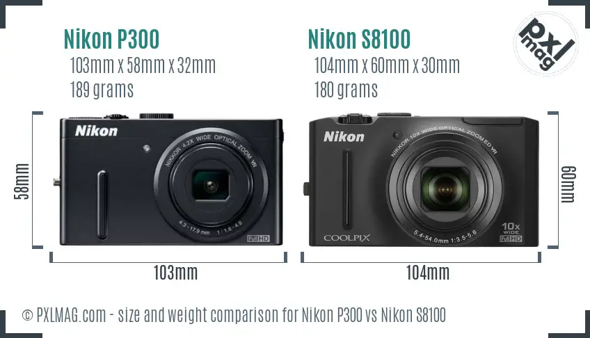 Nikon P300 vs Nikon S8100 size comparison