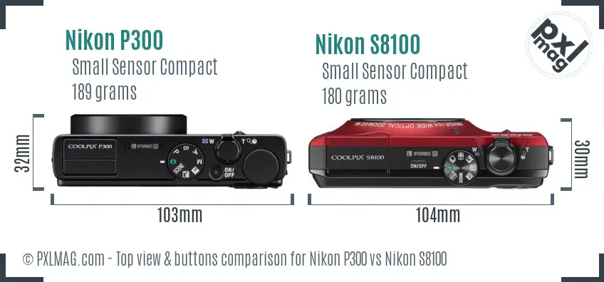 Nikon P300 vs Nikon S8100 top view buttons comparison