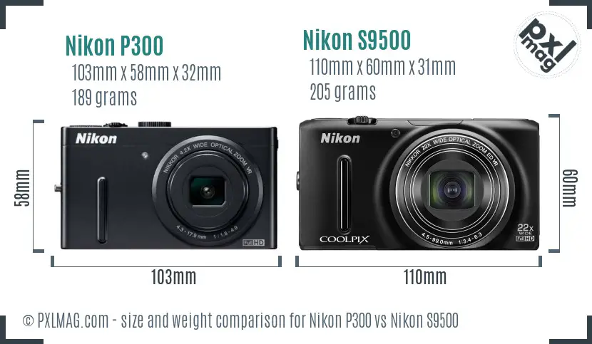 Nikon P300 vs Nikon S9500 size comparison