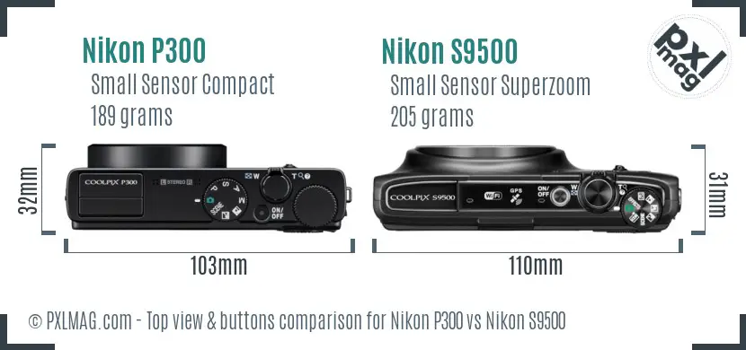 Nikon P300 vs Nikon S9500 top view buttons comparison