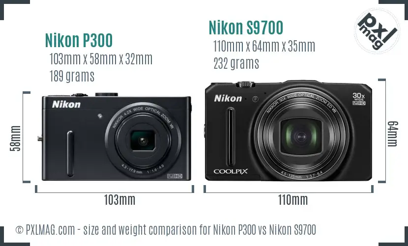 Nikon P300 vs Nikon S9700 size comparison