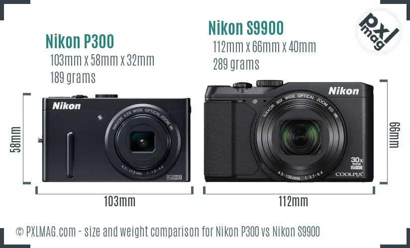 Nikon P300 vs Nikon S9900 size comparison