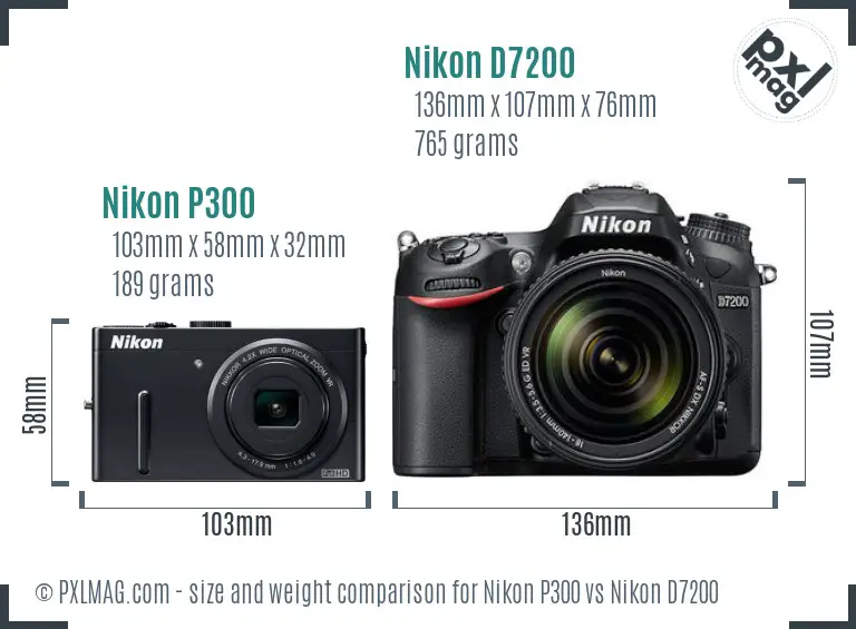 Nikon P300 vs Nikon D7200 size comparison