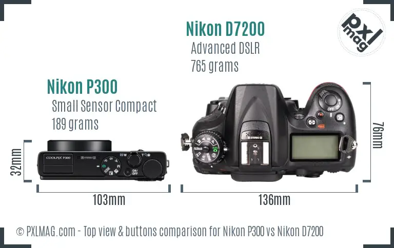 Nikon P300 vs Nikon D7200 top view buttons comparison