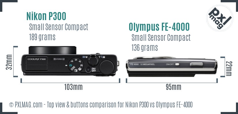 Nikon P300 vs Olympus FE-4000 top view buttons comparison