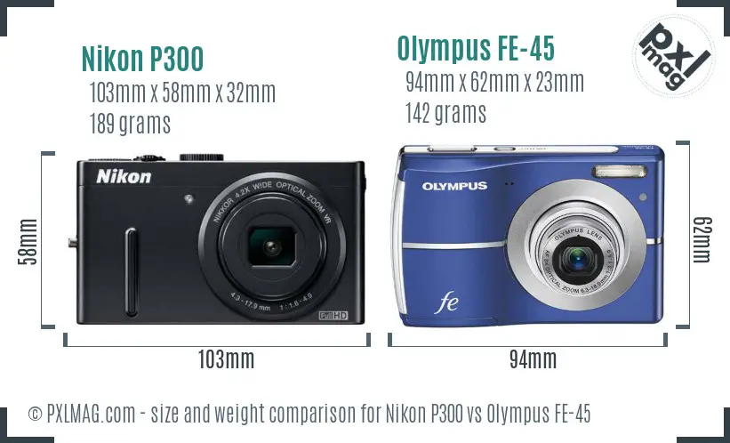 Nikon P300 vs Olympus FE-45 size comparison