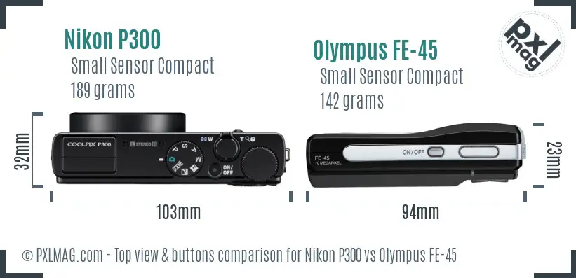 Nikon P300 vs Olympus FE-45 top view buttons comparison