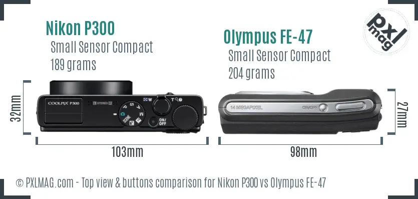 Nikon P300 vs Olympus FE-47 top view buttons comparison