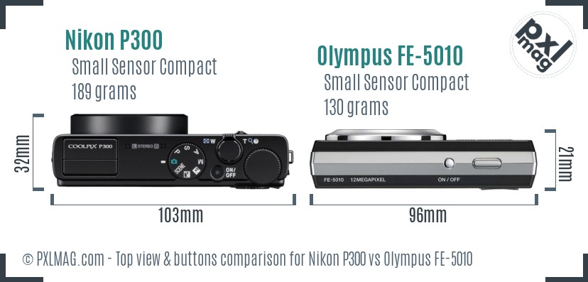 Nikon P300 vs Olympus FE-5010 top view buttons comparison