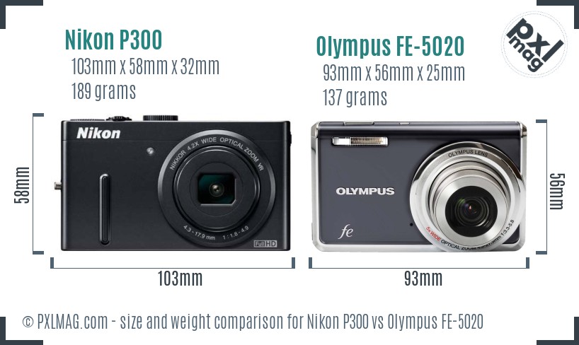 Nikon P300 vs Olympus FE-5020 size comparison